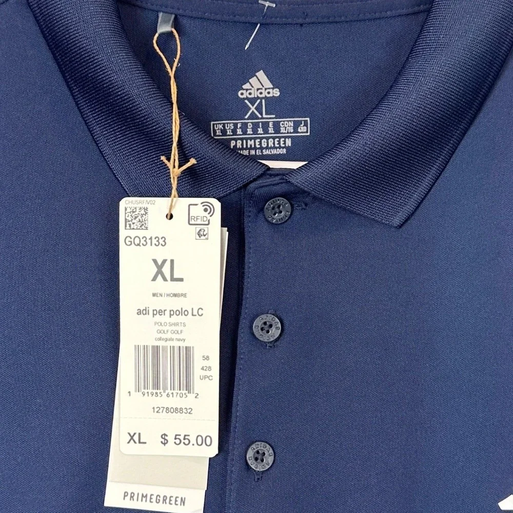 NEW Adidas Polo Shirt Mens XL Performance Navy Blue Golf Rugby Short Sleeve Logo